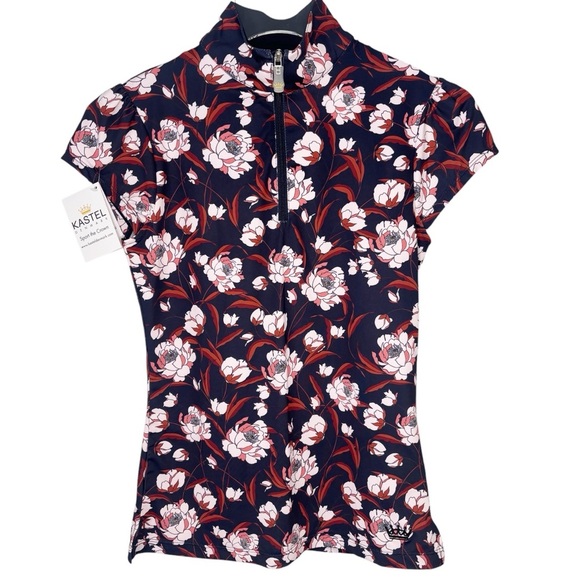 Kastel Denmark Athletic Golf Tennis Sun Shirt in Navy w/ Pink Peonies Size XS - Picture 2 of 13